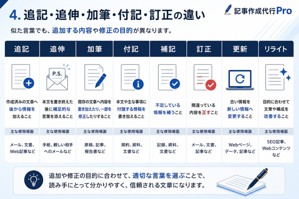 追記・追伸・加筆・付記・訂正の違い