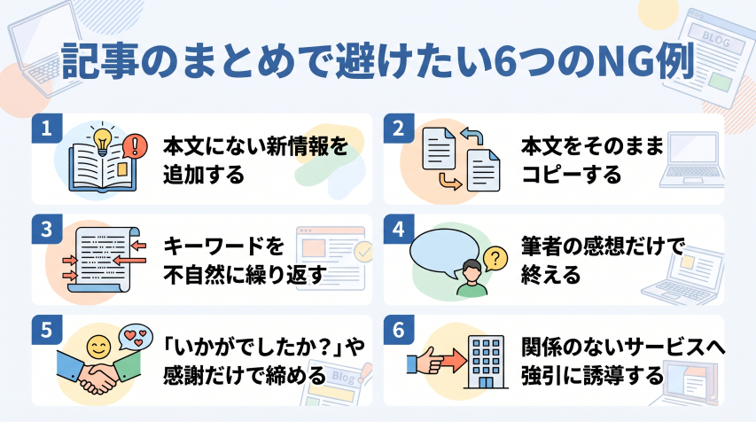 4. 記事のまとめで避けたい6つのNG例