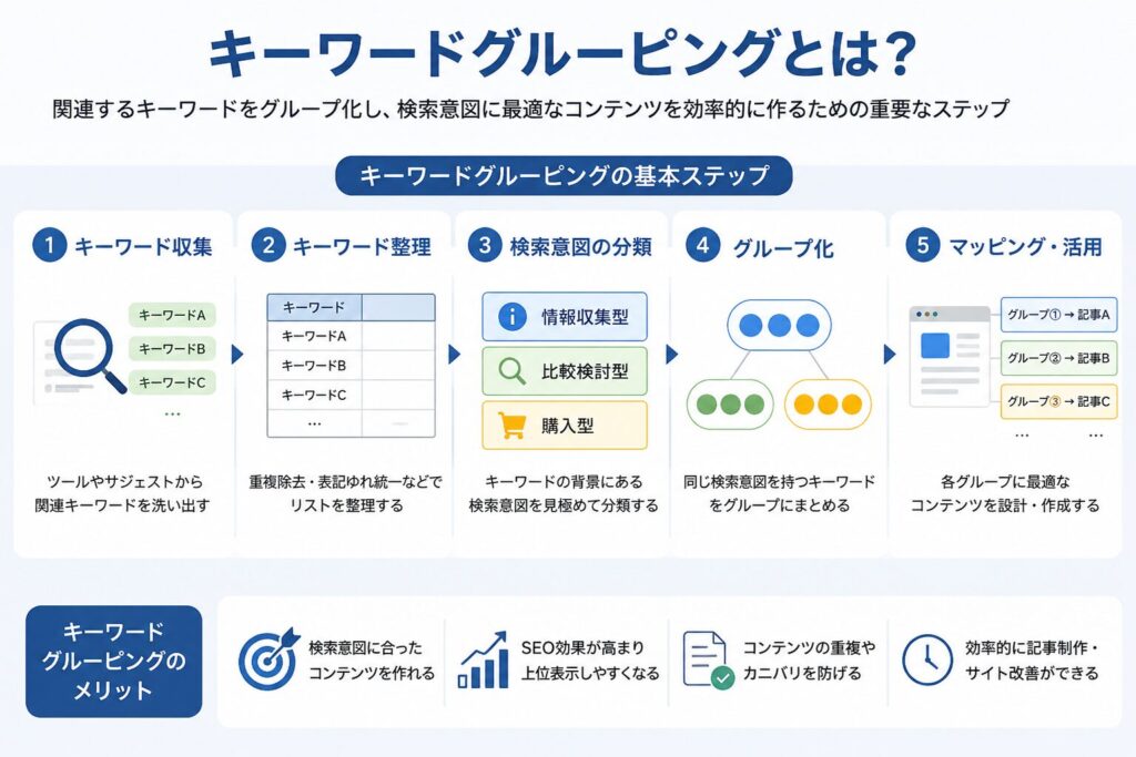1. キーワードグルーピングとは検索意図ごとに検索語をまとめる作業