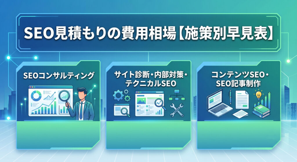 1. SEO見積もりの費用相場【施策別早見表】