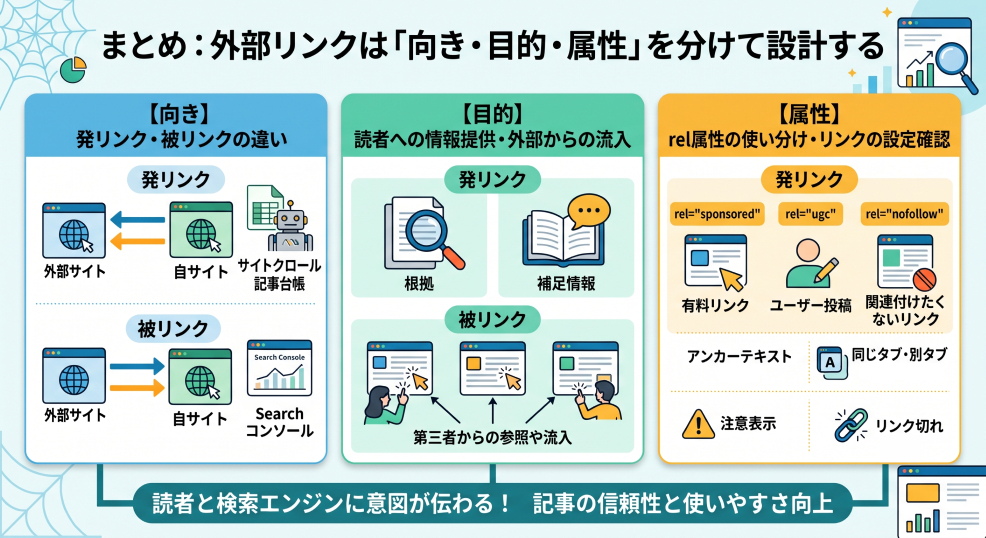 11. まとめ：外部リンクは「向き・目的・属性」を分けて設計する