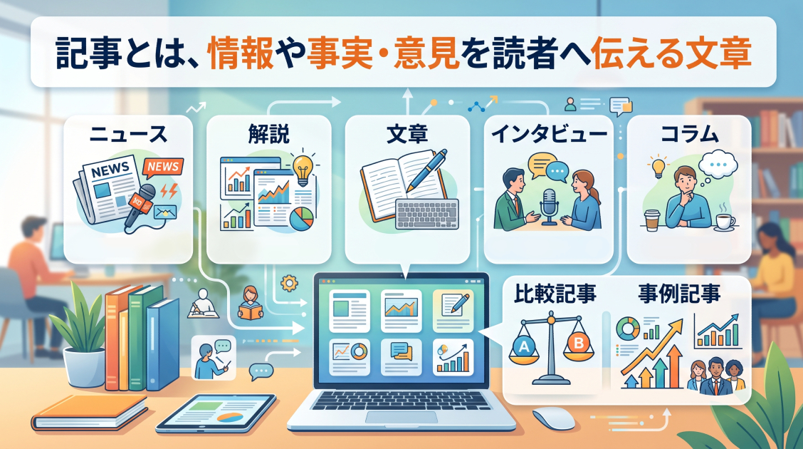 1. 記事とは、情報や事実・意見を読者へ伝える文章